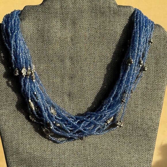 BLUE GLASS BEADED STATEMENT BOHO DENKAYS  NECKLACE - Picture 1 of 4